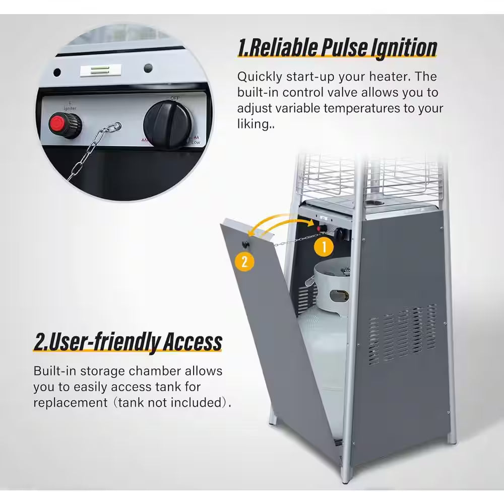 48,000 BTU Stainless Steel Pyramid Patio Flame Propane Gas Patio Heater with Wheels