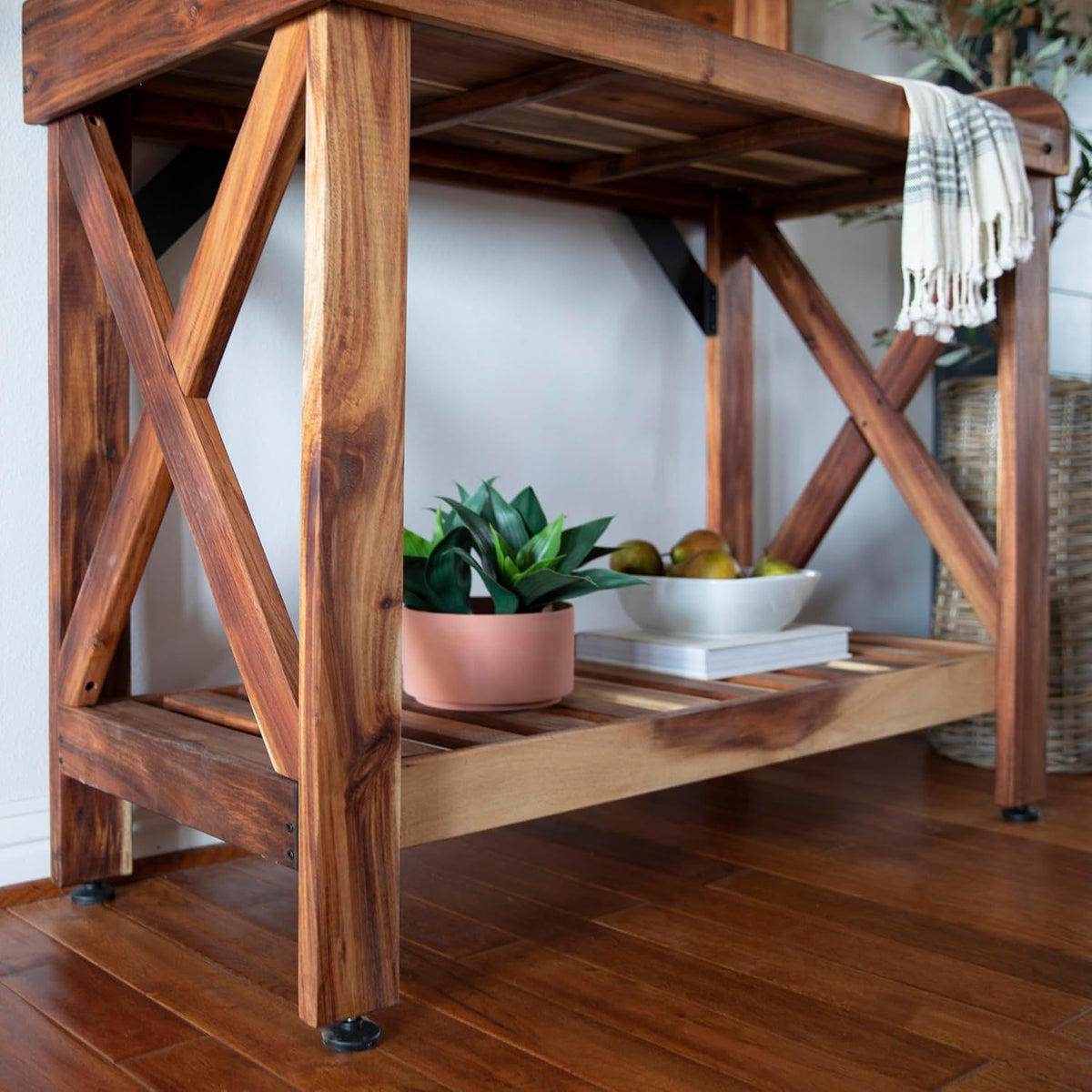 Backyard Discovery 47" Acacia Wood Garden Potting Bench & Serving Bar with Lower Storage Shelf, Leveling Feet, All-Weather Farmhouse Design for Patio, Deck, Porch, Kitchen, Dining Room