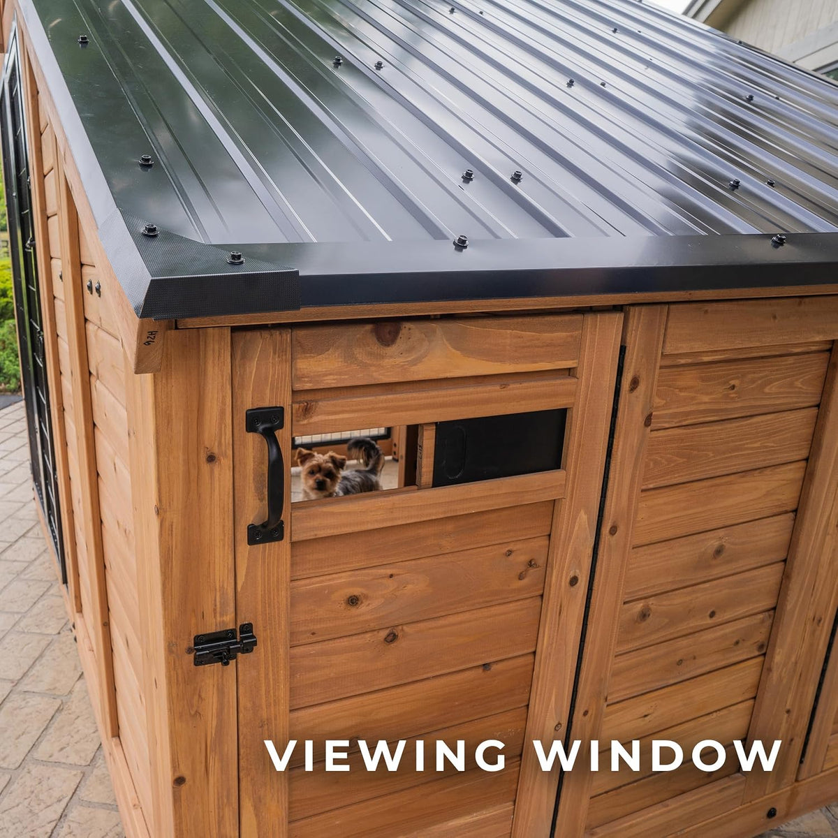 Backyard Discovery 7' X 5' Waggin' Retreat Cedar Wood Large Dog Kennel with Galvanized Steel Roof, Feeding Door, Doghouse Back Door, Water and Food Tray, Secure Lock Gate for Safe Outdoor Pet Shelter