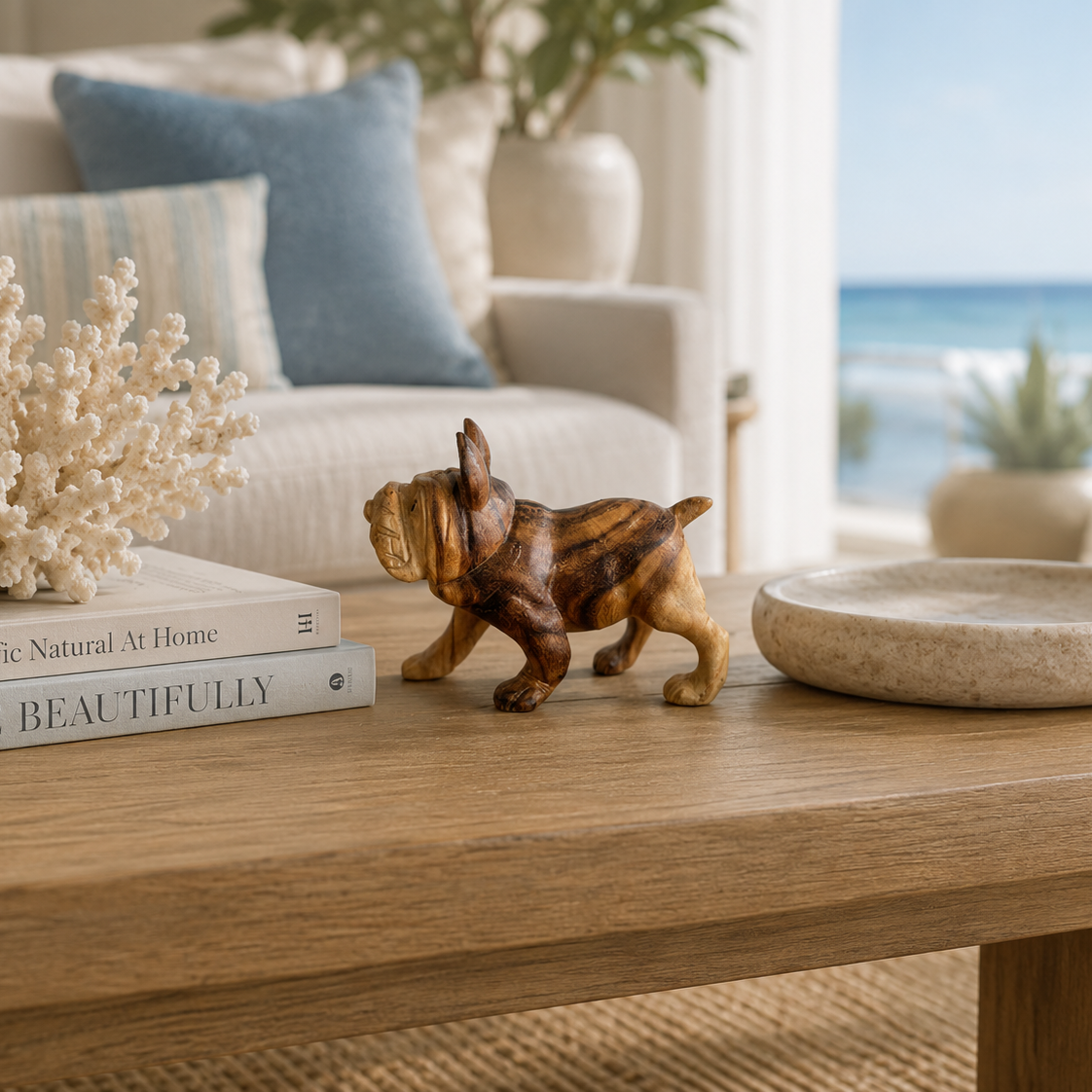 A small carved wooden dog figurine stands on a light wood coffee table in a bright, modern living room. The table also holds a coral shell sculpture, a stack of books including one titled 'LIVE BEAUTIFULLY', and a round stone tray.