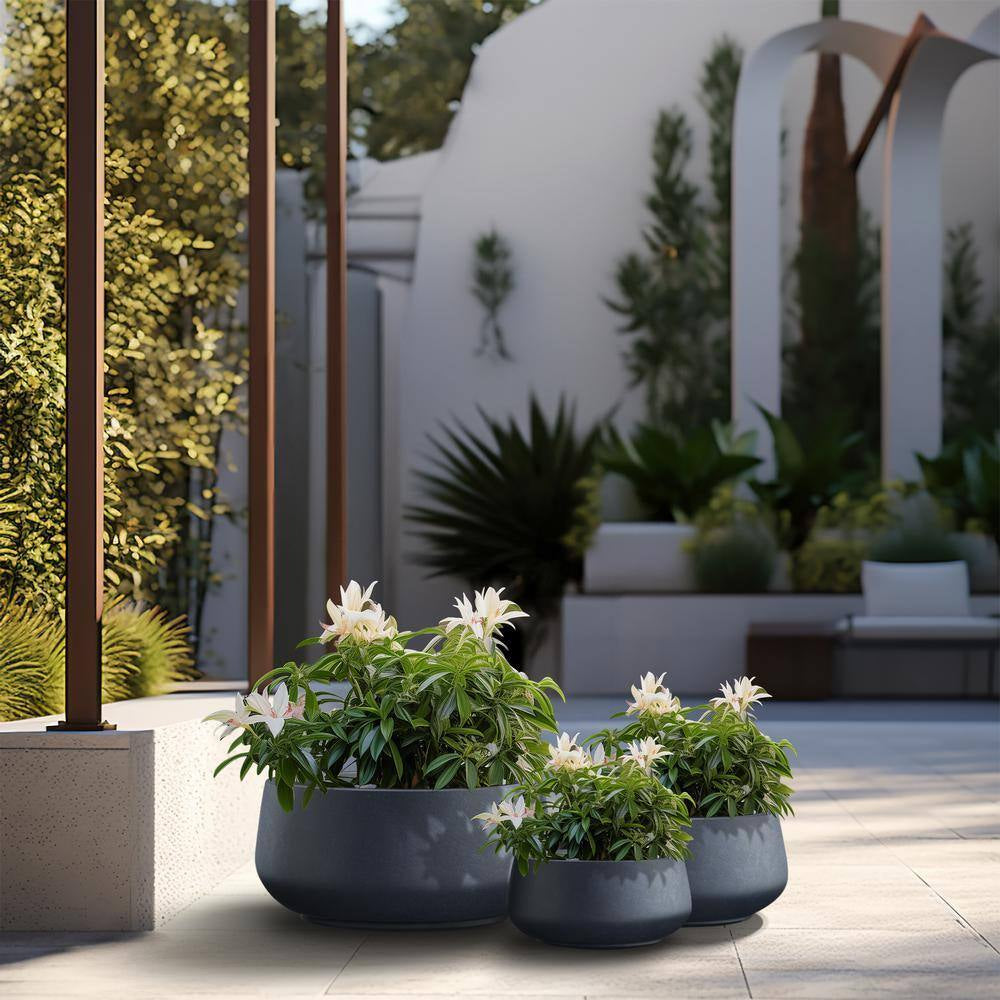 20.5In., 15.5In., 11.5In. Dia Granite Gray Large Tall round Concrete Plant Pot / Planter for Indoor & Outdoor Set of 3