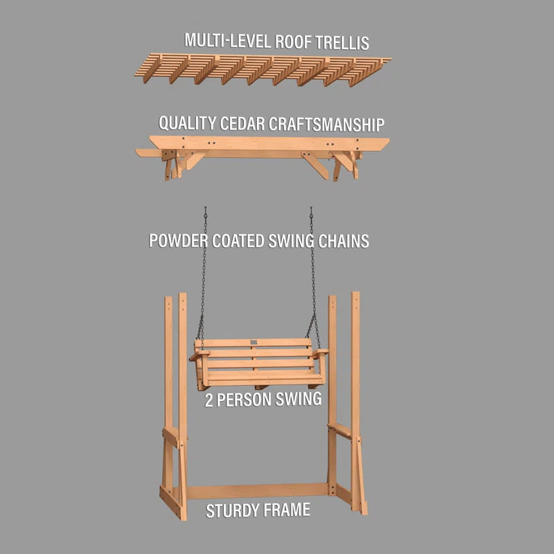 Callahan Cedar Wood Outdoor Patio Pergola Swing Bench with Trellis and Two-Person Seating