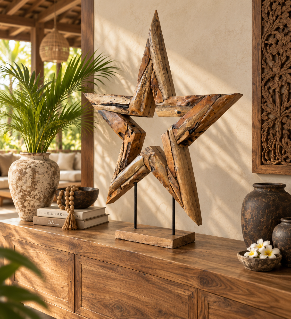 Broward Design Center Hand-Carved Bali Teak Star Sculpture on Stand – Large