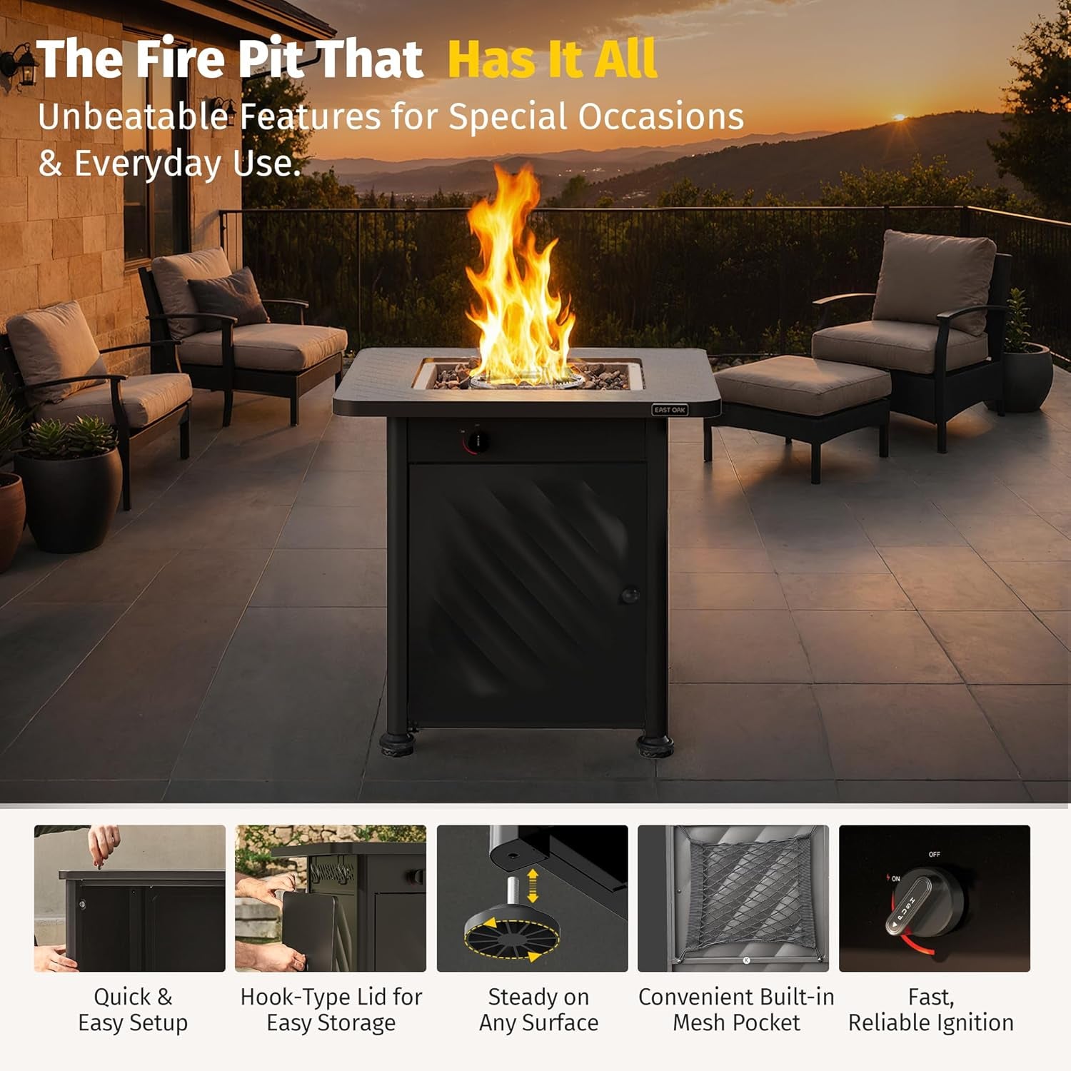 28” Outdoor Propane Fire Pit Table | 52,000 BTU Gas Fire Pit for 2-4 People with Space-Saving Hock Lid, Mesh Pocket & Lava Rocks | CSA Certified Safe for Patio, Deck, Backyard, Black