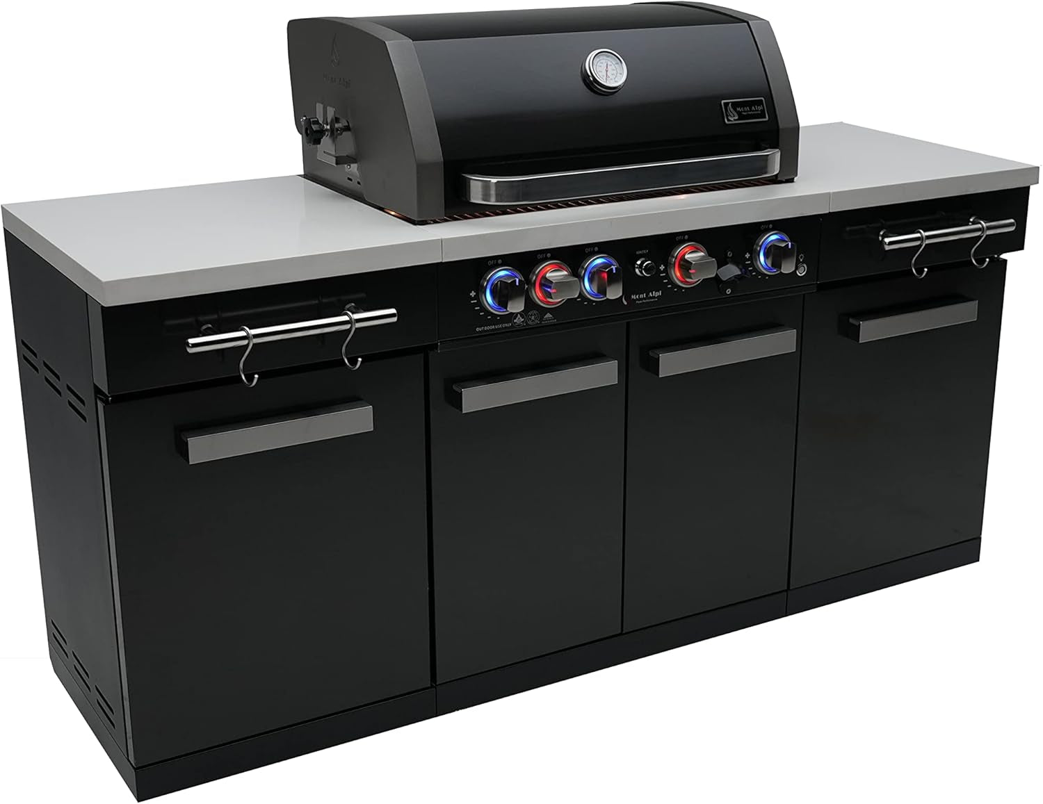 Premium 70"W X 24"D Black Stainless Steel Compact Outdoor Kitchen Island with Access Doors + 32"W 4-Burner BBQ Grill with Infrared Rear Burner + Storage Cabinets + White Granite Countertops