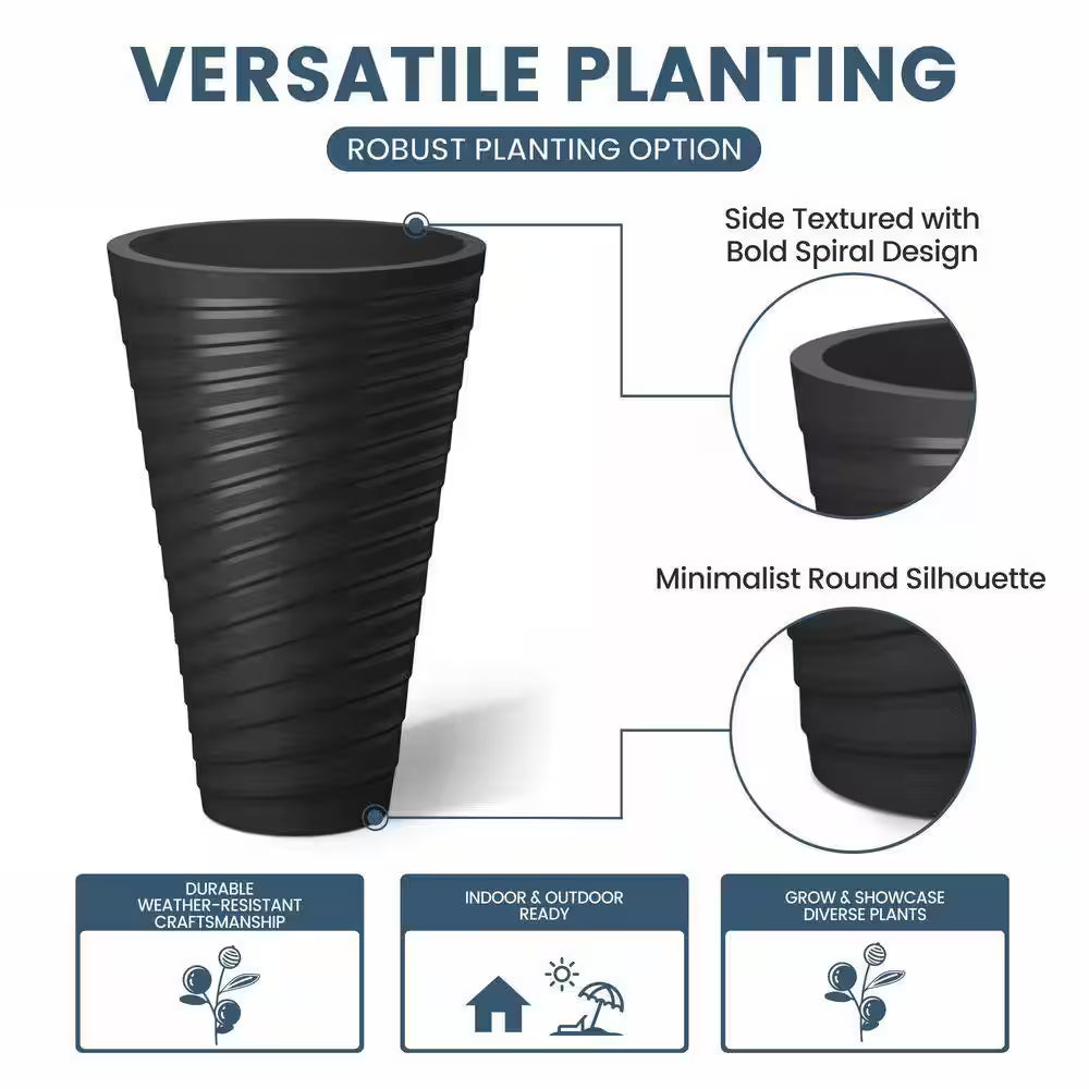 29 In. High Large Spiral Black Plastic round Planter / Pot with Drainage Holes (Set of 2)