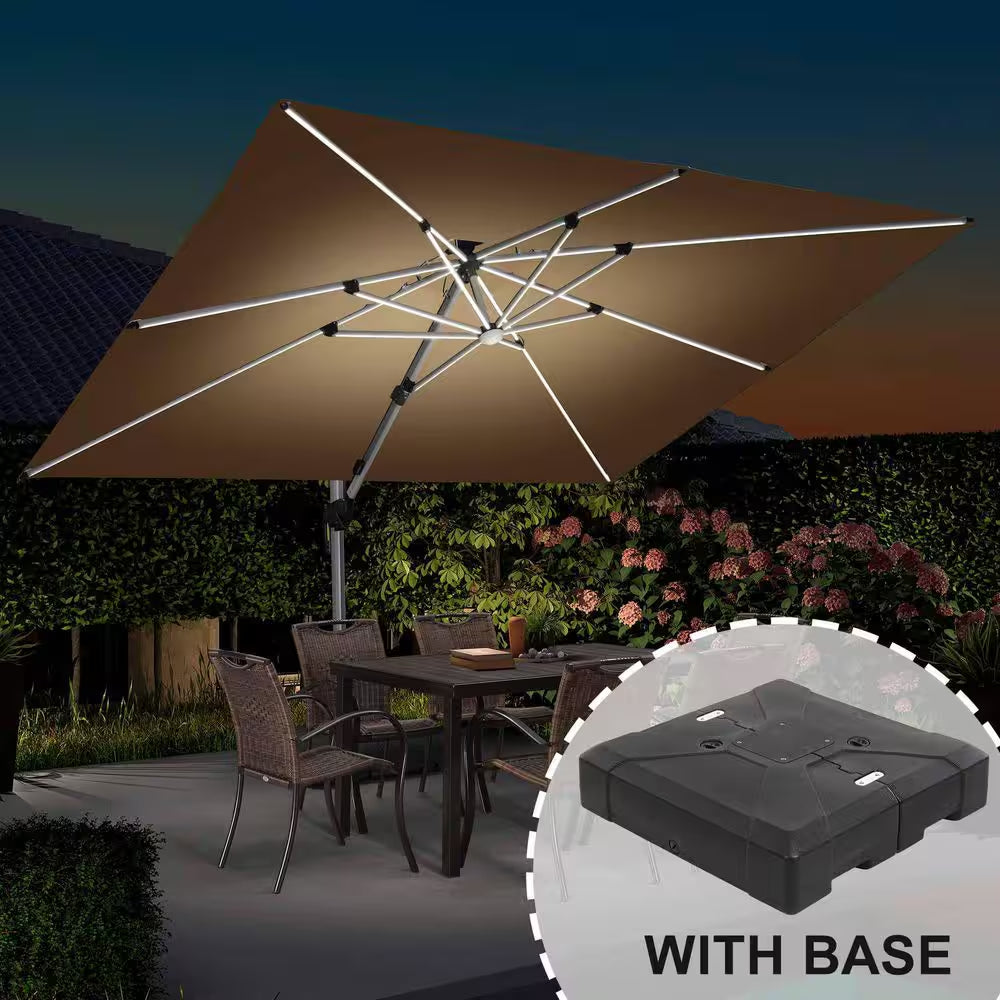 9 Ft.X 12 Ft. Windproof Aluminum Solar Powered LED Patio Cantilever Offset Umbrella with Stand, Beige