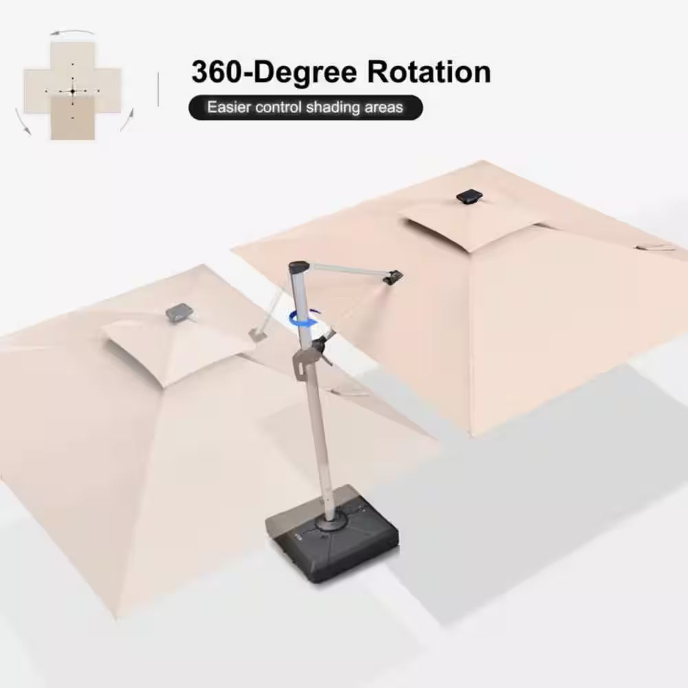 9 Ft.X 12 Ft. Windproof Aluminum Solar Powered LED Patio Cantilever Offset Umbrella with Stand, Beige