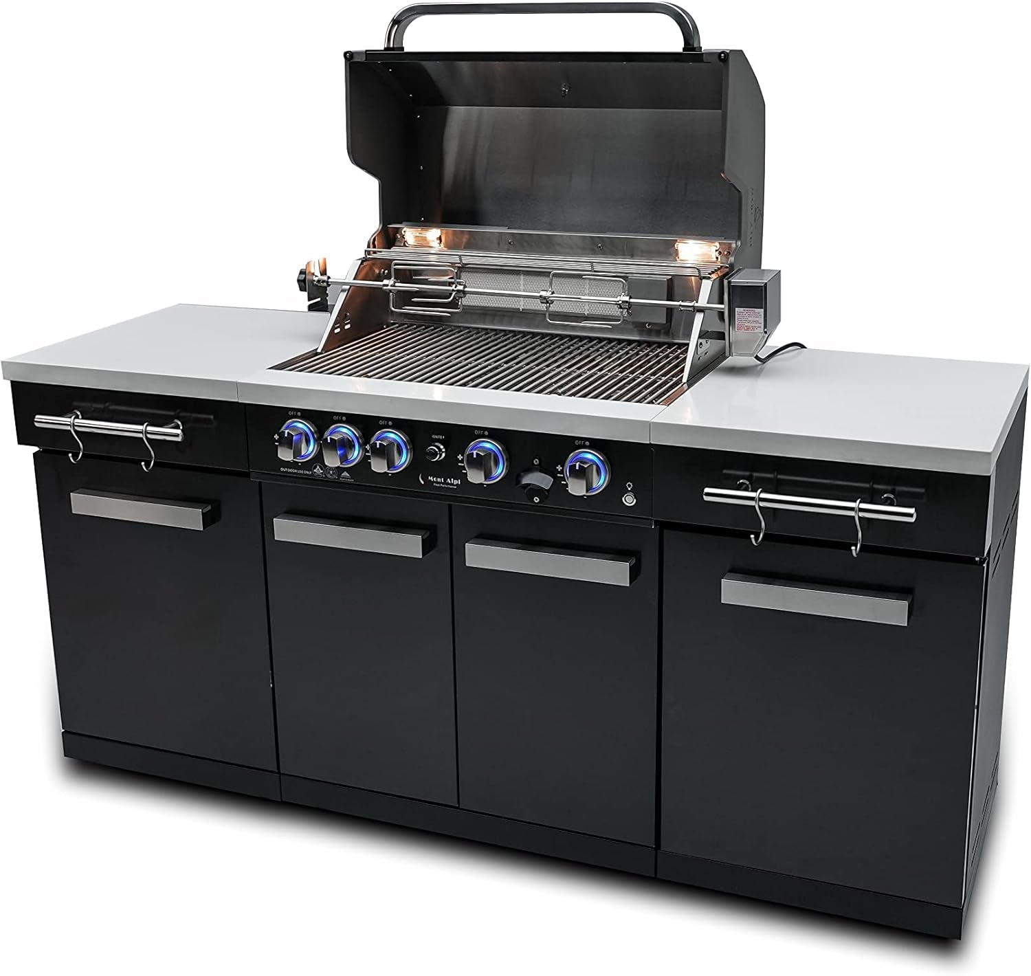 Premium 70"W X 24"D Black Stainless Steel Compact Outdoor Kitchen Island with Access Doors + 32"W 4-Burner BBQ Grill with Infrared Rear Burner + Storage Cabinets + White Granite Countertops