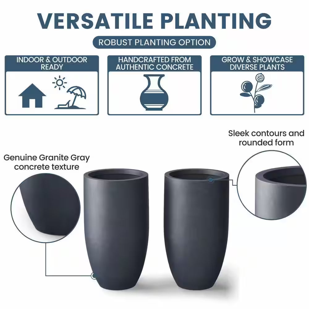 Lightweight 13.5 In. Dia Tall Large Granite Gray Large round Concrete Planter/Flower Pot for Indoor & Outdoor (Set of 2)