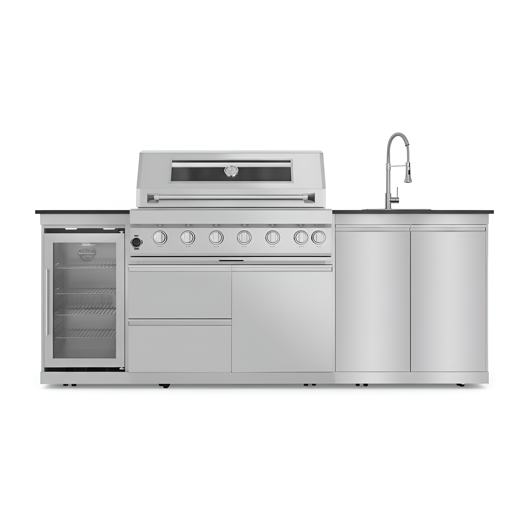 Stainless steel outdoor kitchen island with grill and refrigerator and rotisserie
