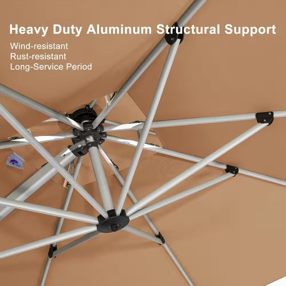 10 Ft. Square Windproof Aluminum 360 Rotation Cantilever Polyester Outdoor Patio Umbrella with Base, Beige