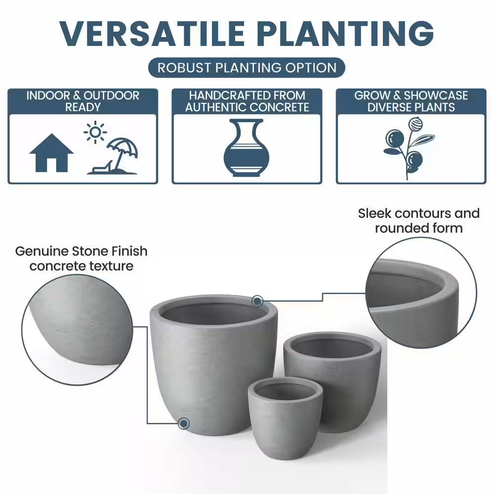 10In., 14In., 18In. Dia Stone Finish Extra Large Tall round Concrete Plant Pot / Planter for Indoor & Outdoor Set of 3