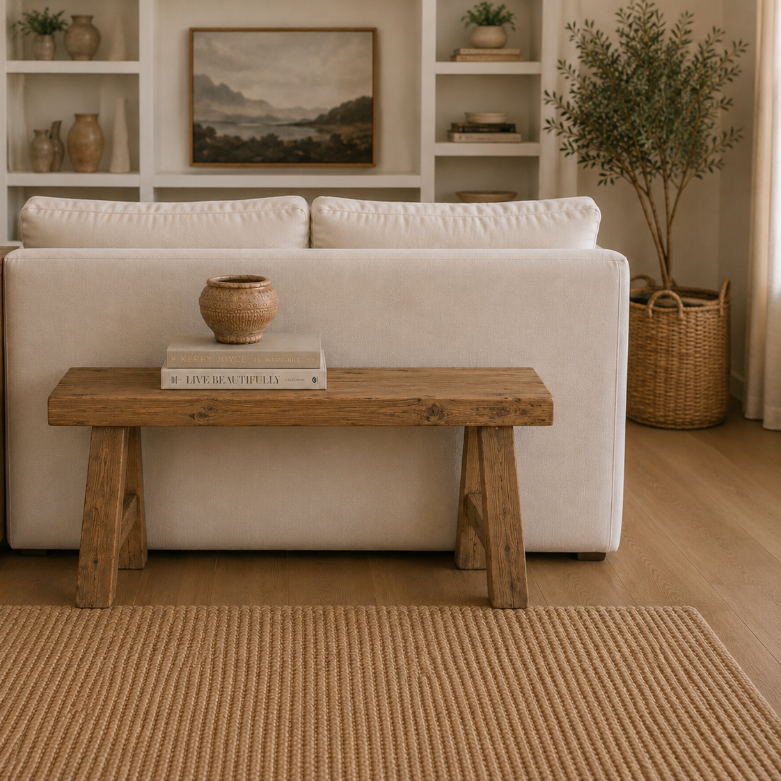 Living room with a white sofa, teak wooden coffee table, and decorative items.