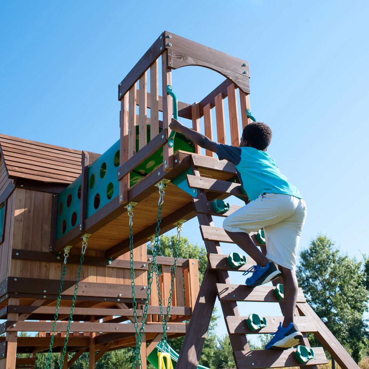Woodridge Elite Cedar Wood Swing Set, Slide, Clubhouse, Crawl Tunnel