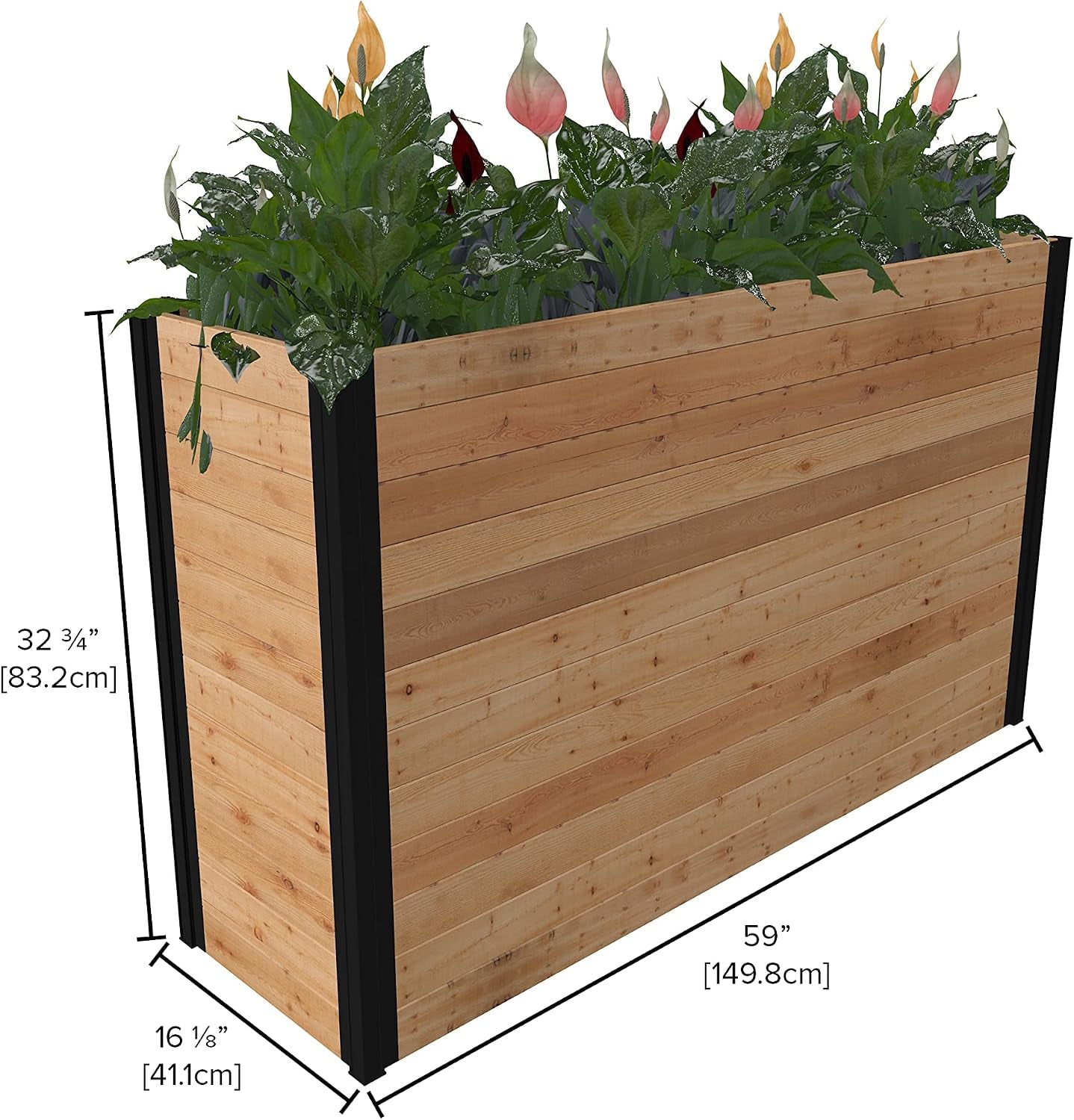 Mezza 16 Inch X 56 Inch X 33 Inch Large Cedar Wood Parklette Planter, Golden Brown with Black Aluminum Posts, FSC, Pre-Stained, Insect and Pest Repellant, Outdoor Décor, VT17716