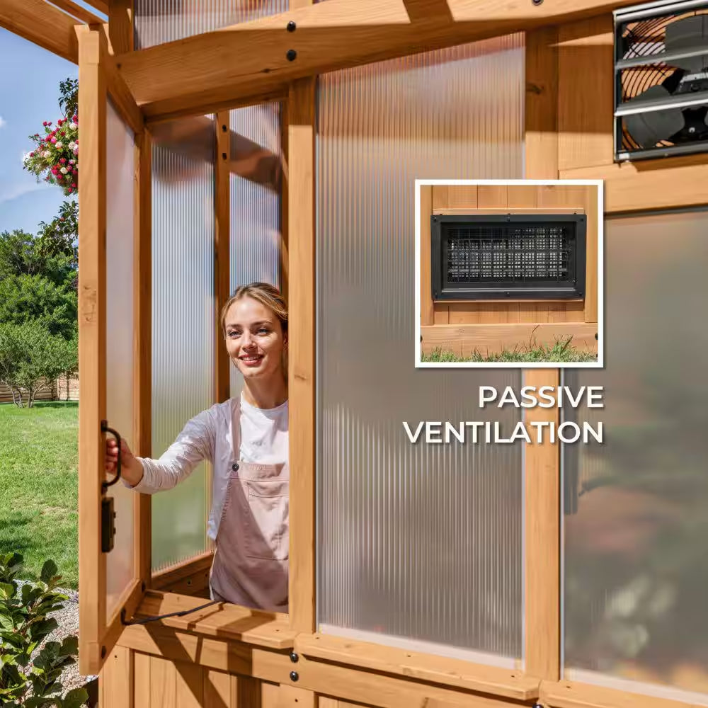 Poppy 9 Ft. W X 6 Ft. D X 8 Ft. H Cedar Wood and Polycarbonate Light Brown Walk-In Outdoor Greenhouse Kit W/ Powerport
