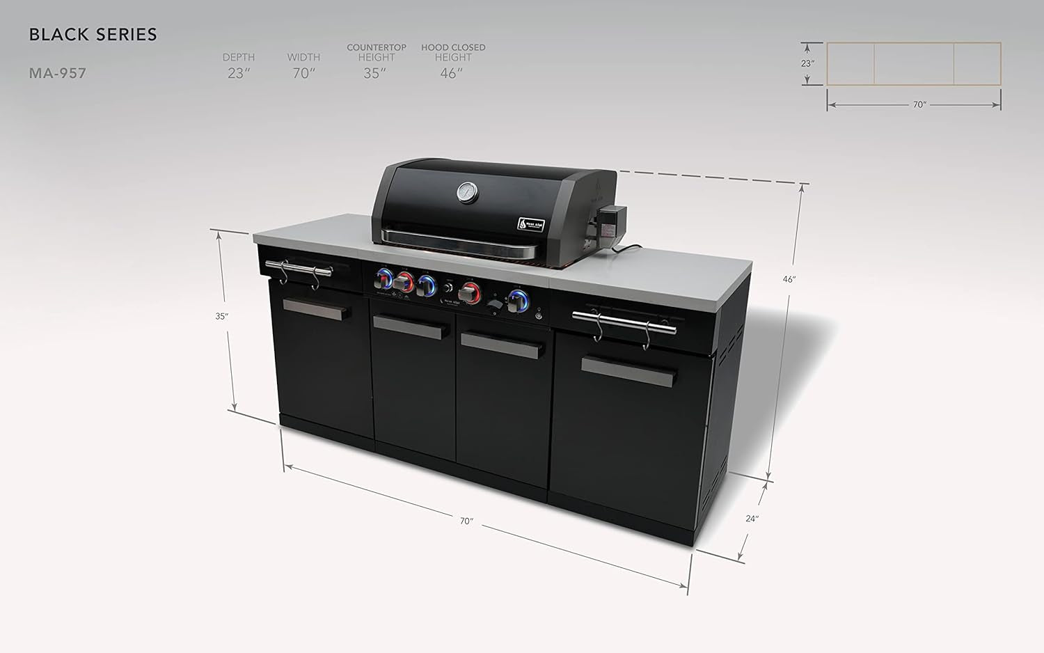 Premium 70"W X 24"D Black Stainless Steel Compact Outdoor Kitchen Island with Access Doors + 32"W 4-Burner BBQ Grill with Infrared Rear Burner + Storage Cabinets + White Granite Countertops