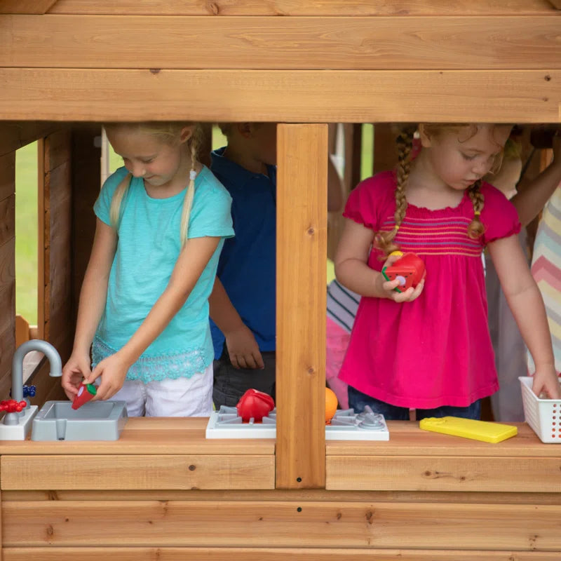 Aspen Cedar Wooden Kids Playhouse with Play Kitchen, Snack Bar Window, and Picnic Bench