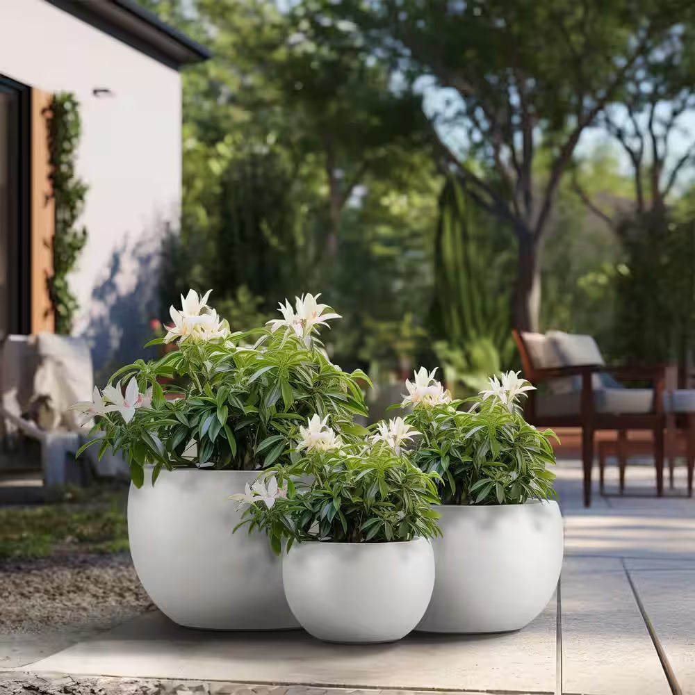 11.5In., 15In., 19In. Dia Crisp White Extra Large Tall round Concrete Plant Pot/Planter for Indoor & Outdoor Set of 3