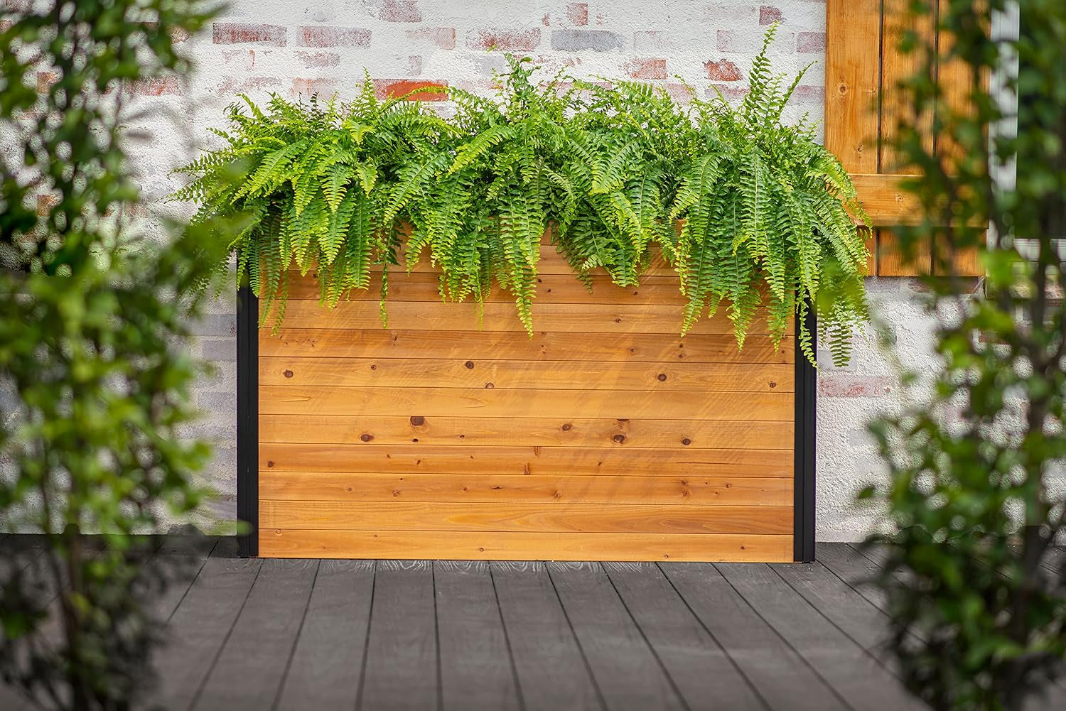 Mezza 16 Inch X 56 Inch X 33 Inch Large Cedar Wood Parklette Planter, Golden Brown with Black Aluminum Posts, FSC, Pre-Stained, Insect and Pest Repellant, Outdoor Décor, VT17716