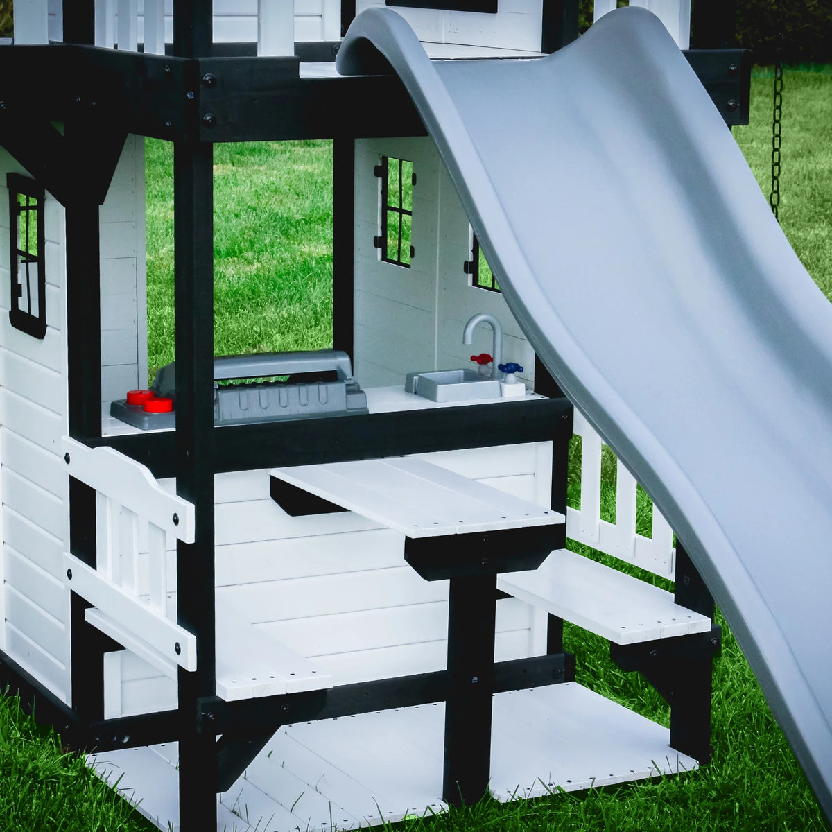 Canyon Creek White Cedar Wood Swing Set, Slide, Clubhouse, Rock Wall