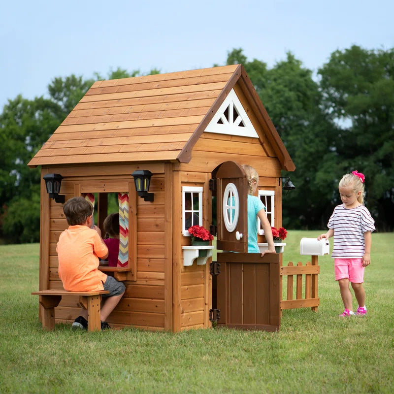 Aspen Cedar Wooden Kids Playhouse with Play Kitchen, Snack Bar Window, and Picnic Bench