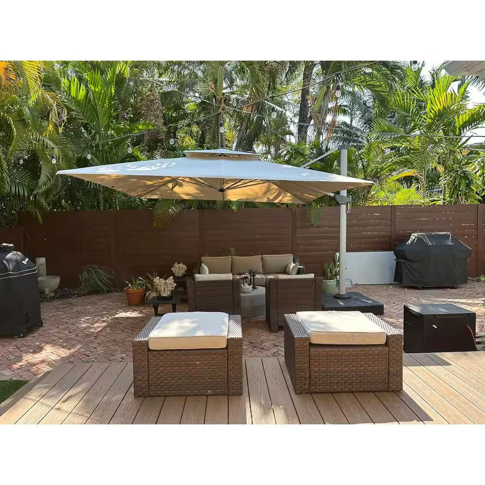 10 Ft. Square Windproof Aluminum 360 Rotation Cantilever Polyester Outdoor Patio Umbrella with Base, Beige