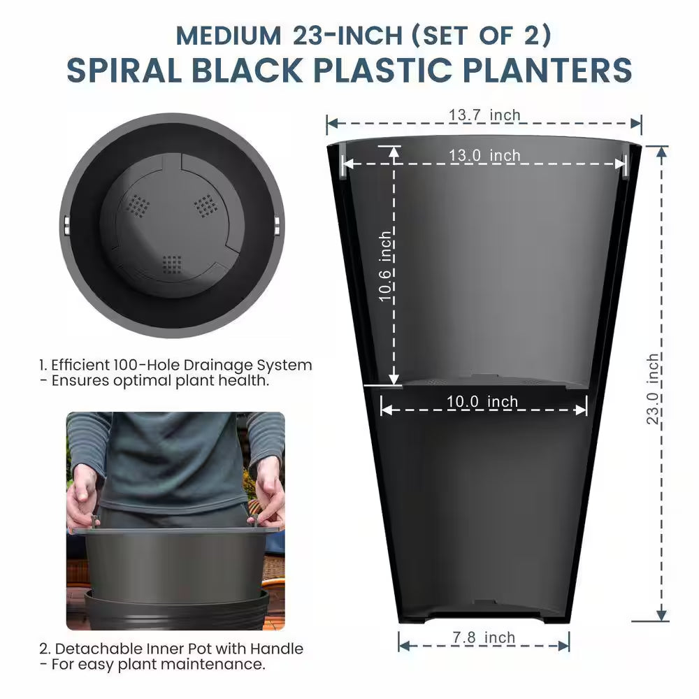 23 In. High Large Spiral Black Plastic round Planter / Pot with Drainage Holes (Set of 2)