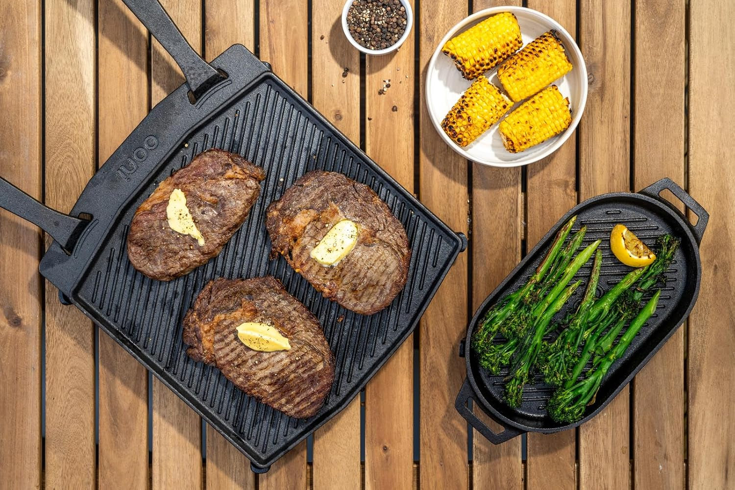 Ooni Cast Iron Grizzler Pan - Grill Frying Pan, 12" X 6" Griddle Plate with Removable Handle and Stainless Steel Trivet, Pre-Seasoned Non-Stick Oven Safe Cookware, Pizza Oven and BBQ Accessories