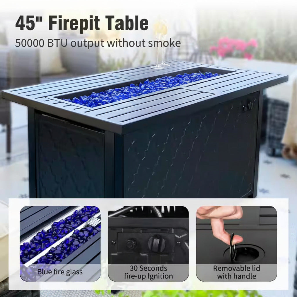 Black Metal Meshed 7 Seat 6-Piece Steel Outdoor Fire Pit Patio Set with Beige Cushions, Black Rectangular Fire Pit Table