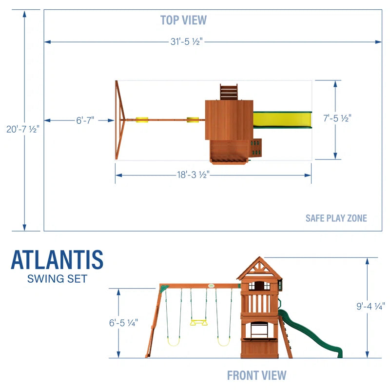 Atlantis Cedar Wood Swing Set with Wave Slide, Clubhouse, Rock Wall, and Sandbox Area