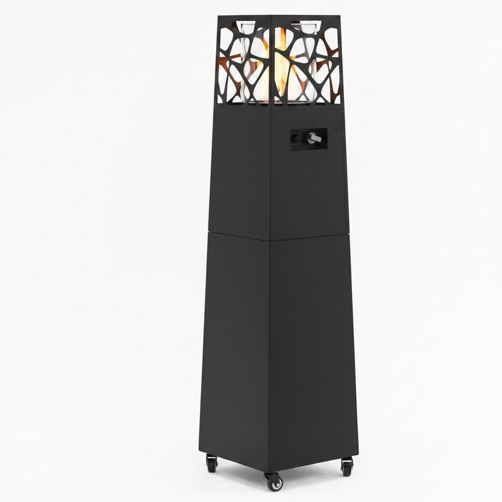 Pyramid Propane Patio Heater, 28,000 BTU Outdoor Gas Fireplace with 360° Glass Flame & Wheels, Tip-Over Safety, Cover & Regulator Included for Patio, Garden & Restaurant (Black)