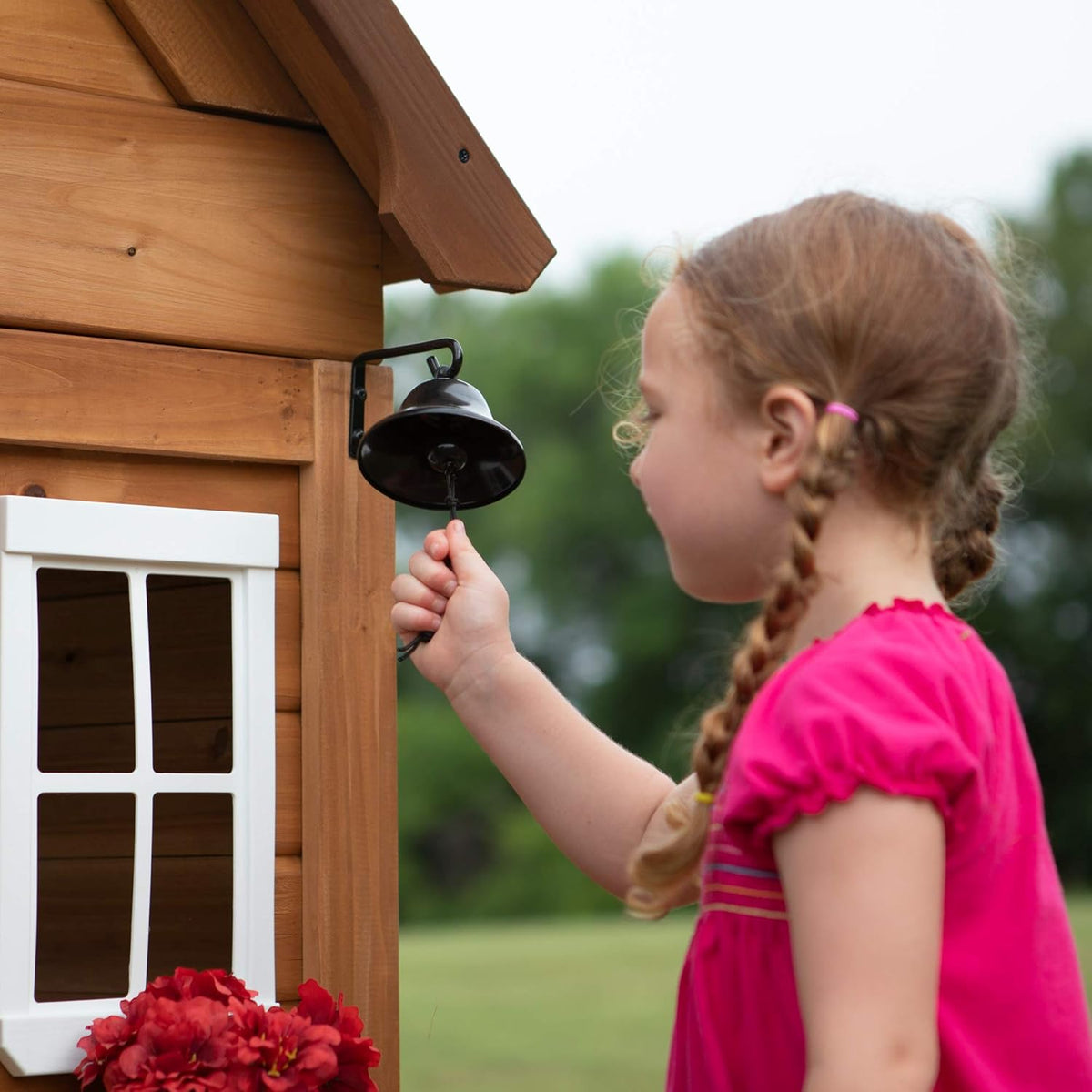 Backyard Discovery Aspen Cedar Wooden Kids Playhouse Cottage with Play Kitchen, Snack Bar, Picnic Bench, Dinner Bell, Mailbox, Dutch Door, Flowerpot Holders, Toy Lights, Country Style for Outdoor Play