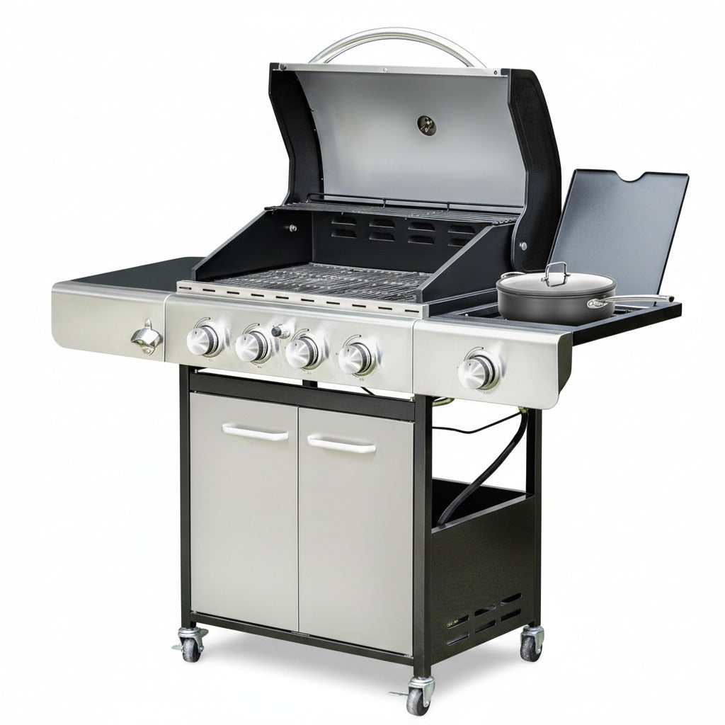 4 Burner BBQ Gas Grill with Side Burner, Stainless Steel Propane Grills with Porcelain-Enameled Cast Iron Grates, 42,000 BTU for Outdoor Backyard Barbecue Cooking, Silver