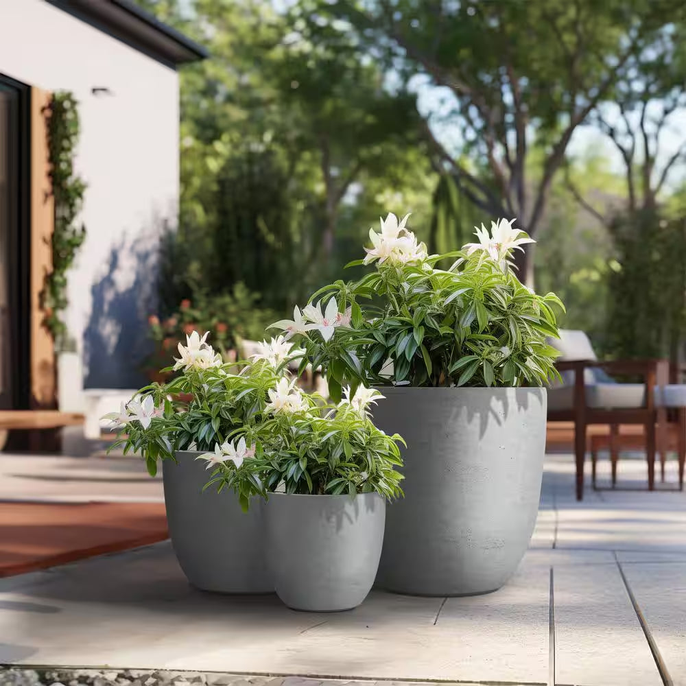 10In., 14In., 18In. Dia Stone Finish Extra Large Tall round Concrete Plant Pot / Planter for Indoor & Outdoor Set of 3