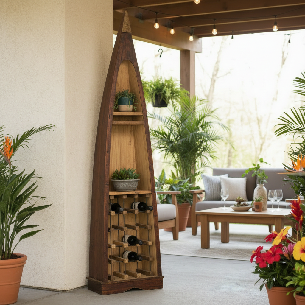 A rustic boat-shaped wine rack shelf with a distressed blue and natural wood finish, styled on a patio with potted plants and a stone table.