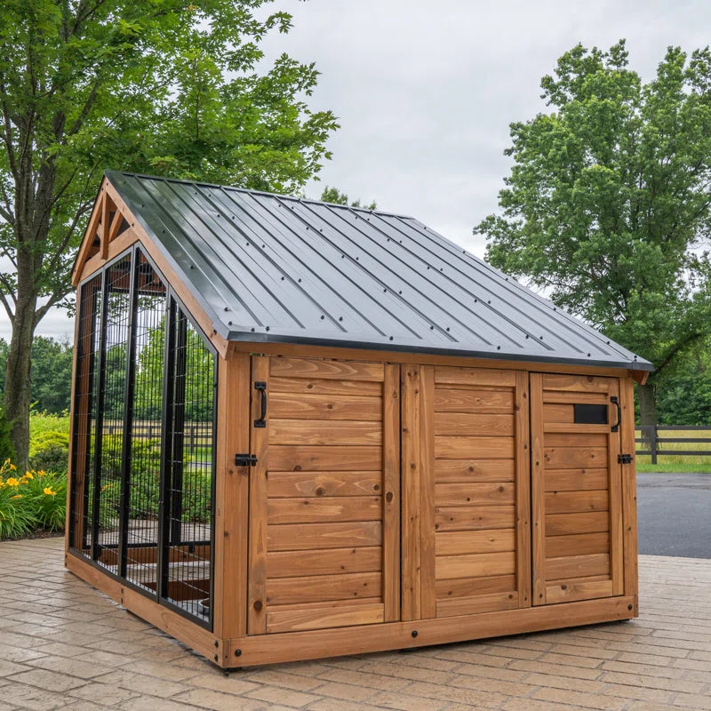 Waggin' Retreat Cedar Wood Outdoor Dog Kennel with Galvanized Steel Roof and Easy-Access Feeding Door