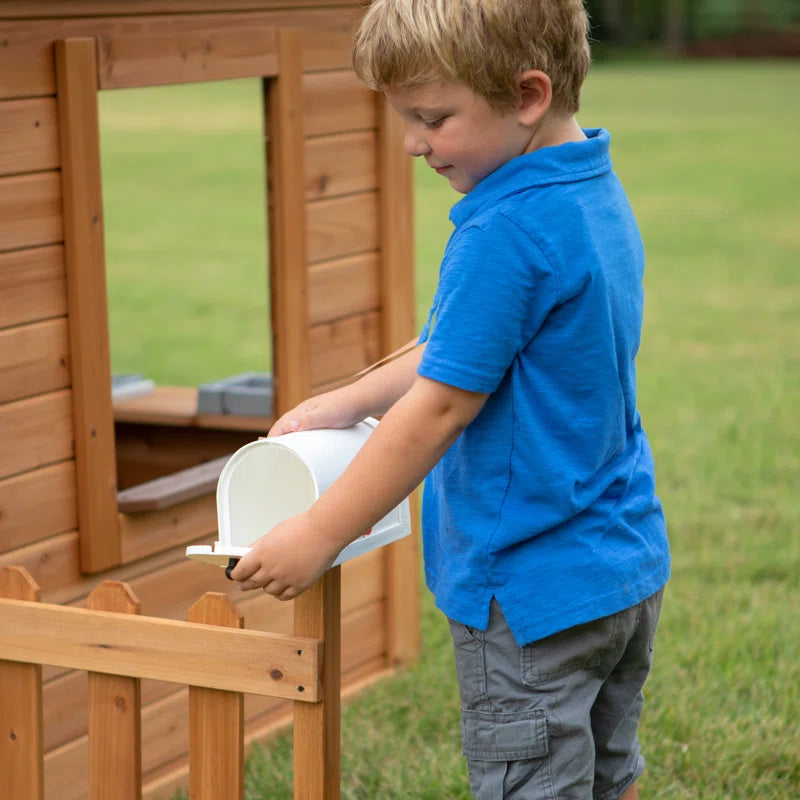 Aspen Cedar Wooden Kids Playhouse with Play Kitchen, Snack Bar Window, and Picnic Bench