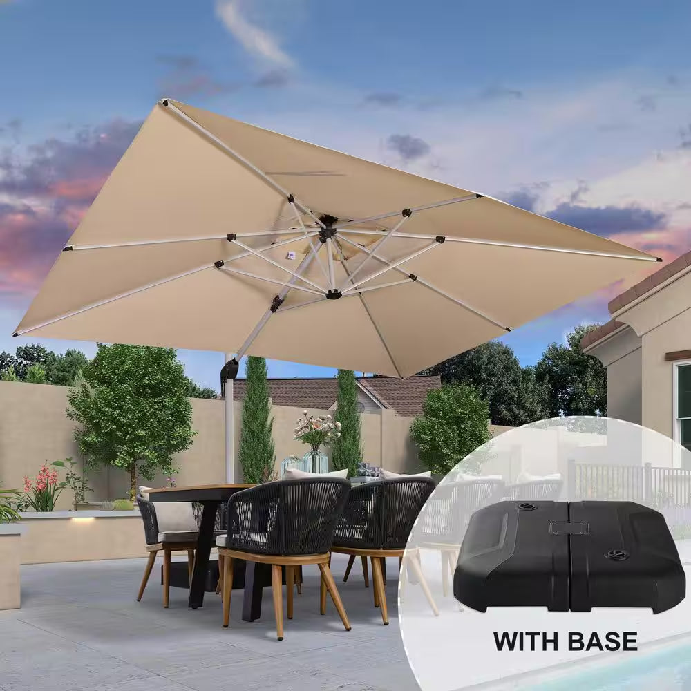 10 Ft. X 13 Ft. Windproof Aluminum 360 Rotation Cantilever Polyester Outdoor Patio Umbrella with Base, Beige