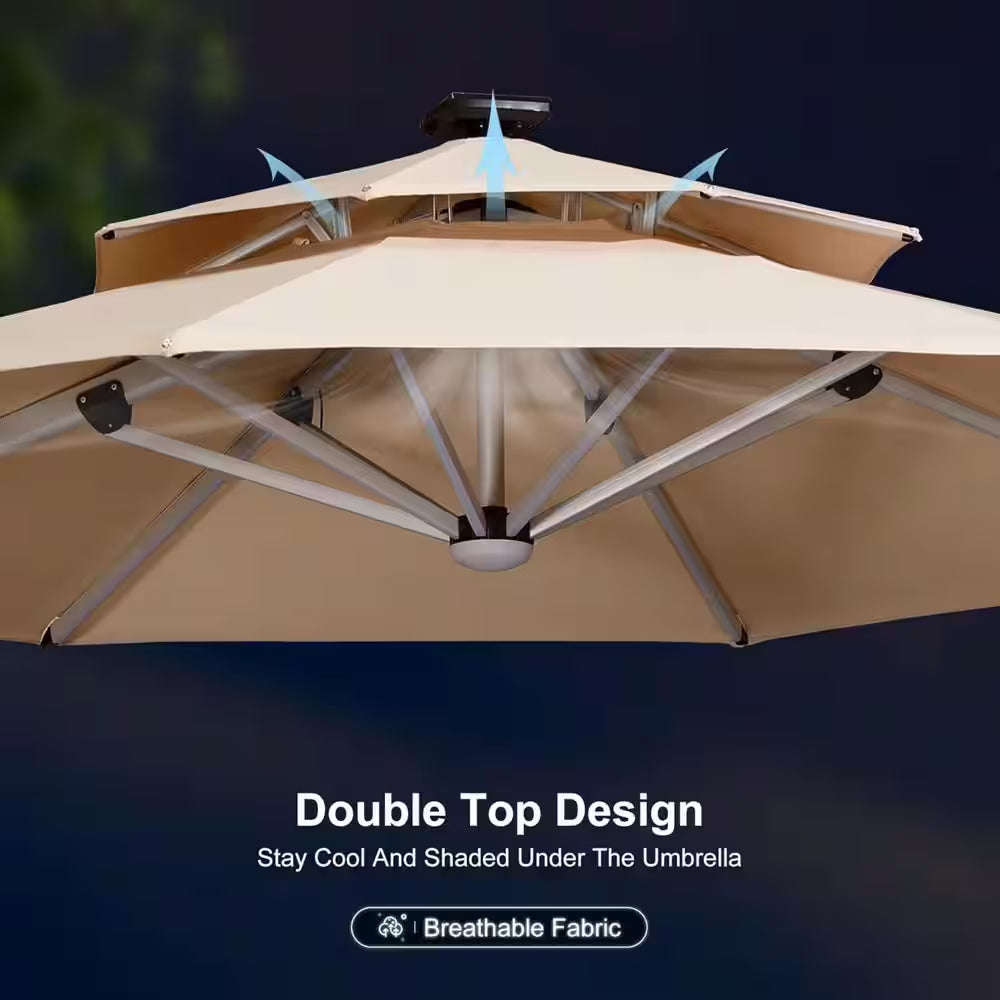 9 Ft.X 12 Ft. Windproof Aluminum Solar Powered LED Patio Cantilever Offset Umbrella with Stand, Beige