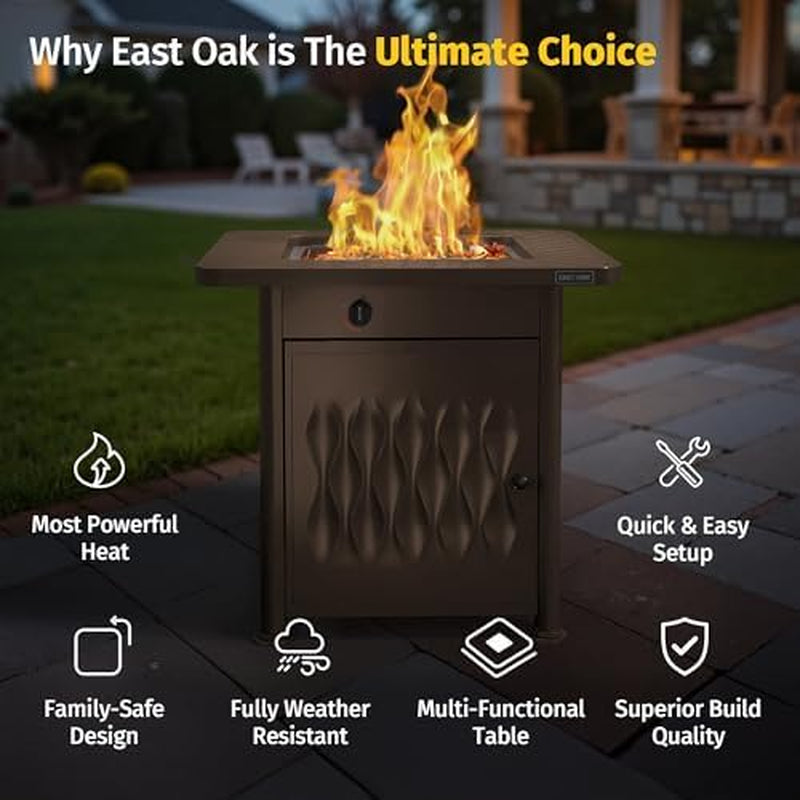 28" Outdoor Propane Fire Pit Table | 52,000 BTU Gas Fire Pit Table for outside with Magnetic Lid | Storage Basket & Lava Rocks | CSA Certified for Patio, Garden & Backyard | Brown