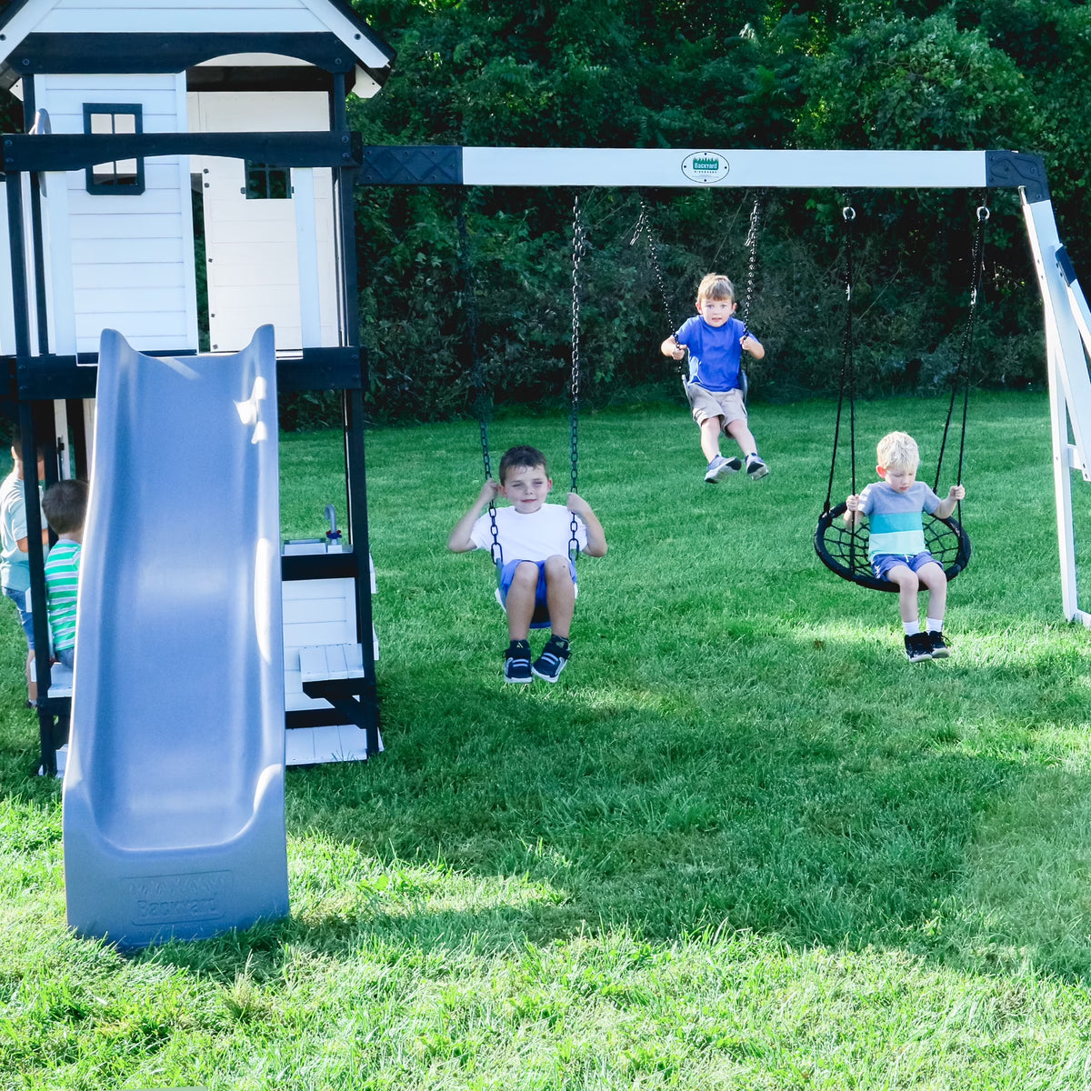 Canyon Creek White Cedar Wood Swing Set, Slide, Clubhouse, Rock Wall