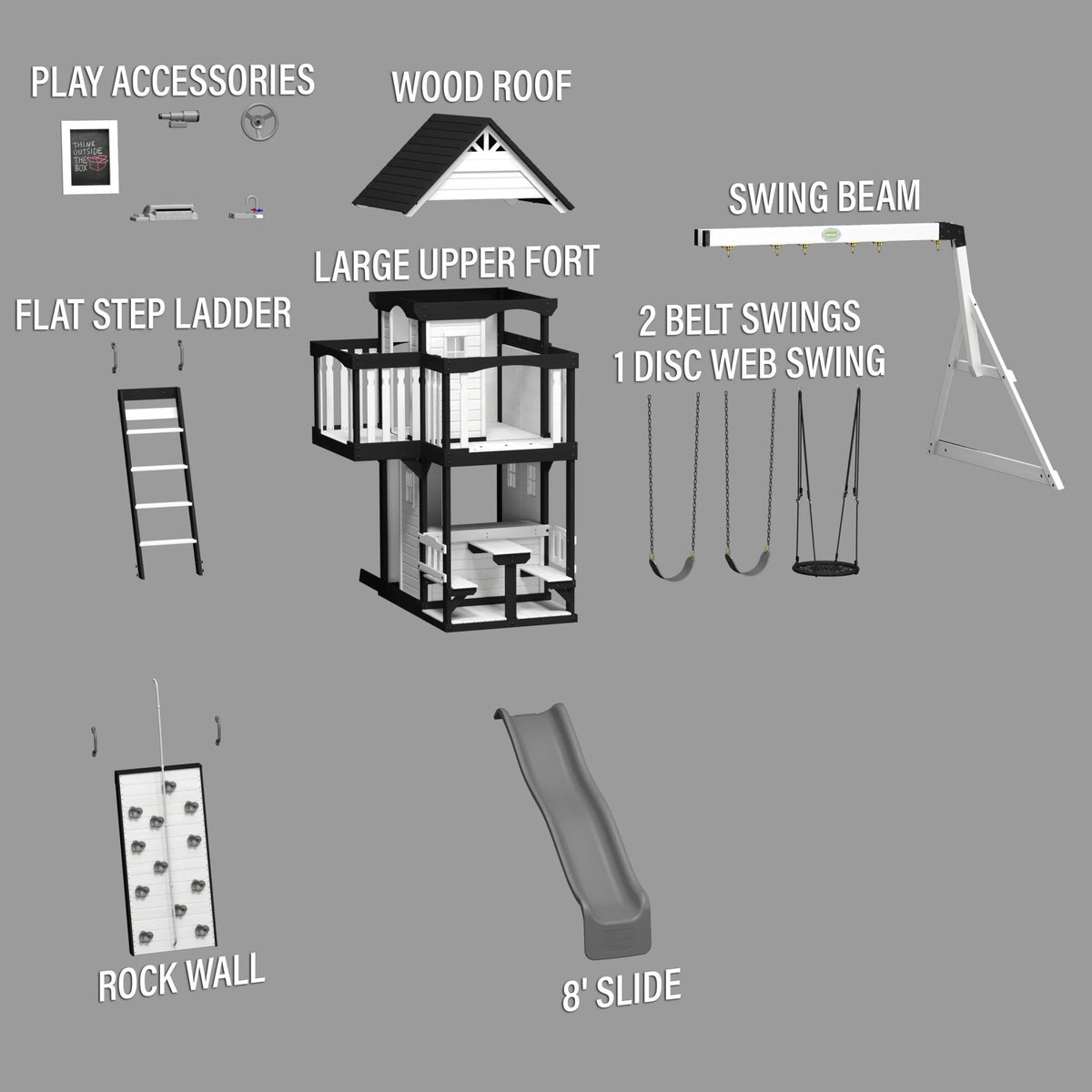 Canyon Creek White Cedar Wood Swing Set, Slide, Clubhouse, Rock Wall