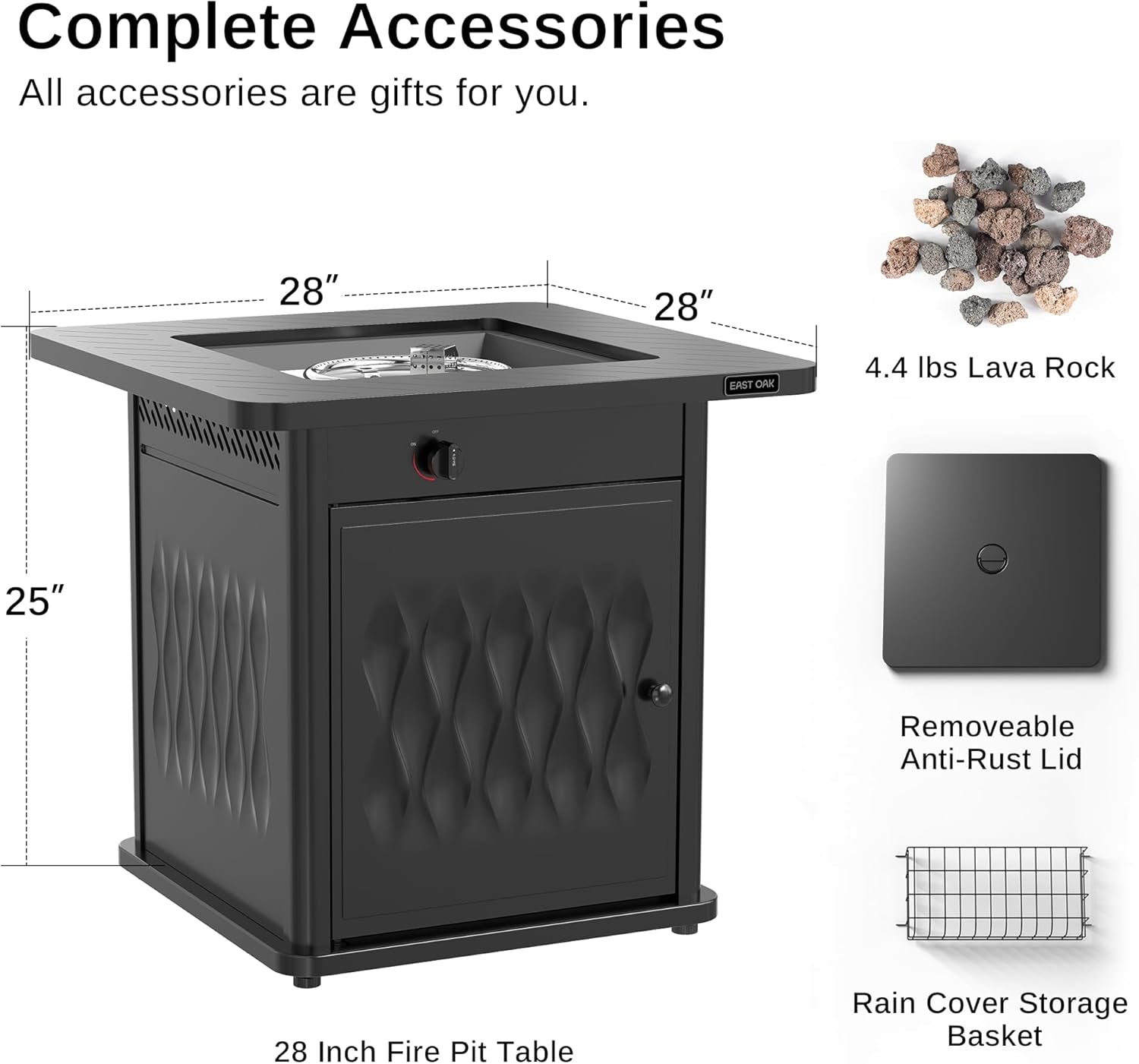 28'' Steel Propane Fire Pit Table, 50,000 BTU CSA Certified Fire Table with Magnetic Lid, Steel Gas Firepit for Outdoor and Garden, Cover-Storage Basket and Lava Rock , Chocolate Coffee