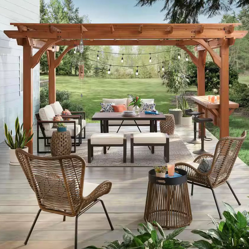 Ashland 10 Ft. X 14 Ft. All Cedar Wood Outdoor Pergola Shade Structure with Bar and Electric