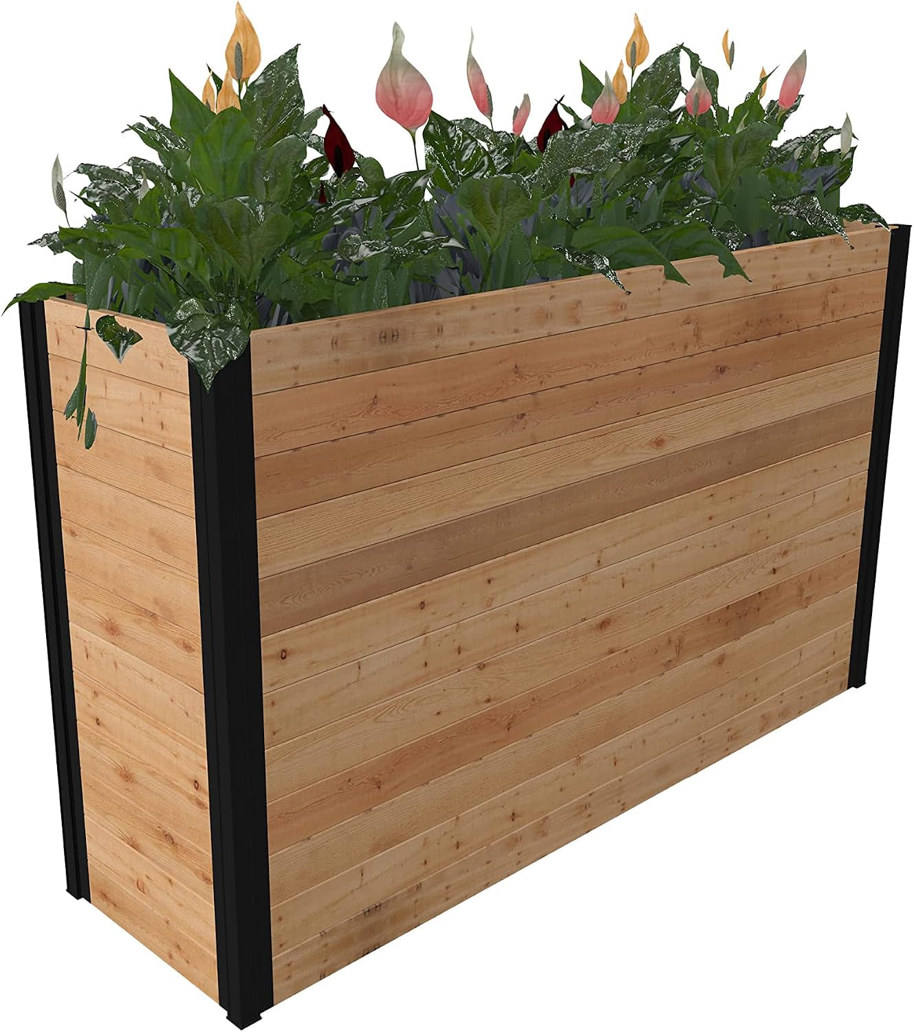 Mezza 16 Inch X 56 Inch X 33 Inch Large Cedar Wood Parklette Planter, Golden Brown with Black Aluminum Posts, FSC, Pre-Stained, Insect and Pest Repellant, Outdoor Décor, VT17716