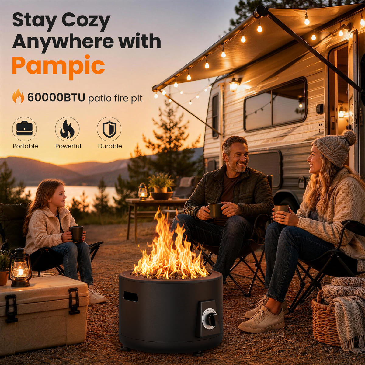 Pamapic Pyra Portable Propane Fire Pit, 60,000 BTU Smokeless