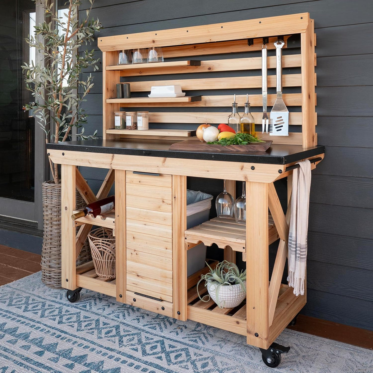 Cedar buffet hutch styled for patio serving
