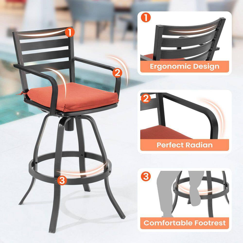 Swivel Cast Aluminum Outdoor Bar Stool with Sunbrella Red Cushion (2-Pack)